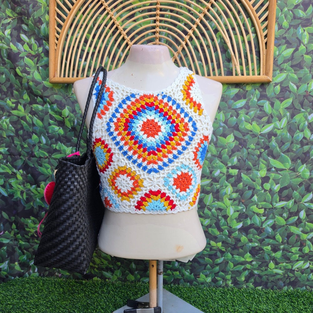 Altar'd State Womens Multi Color Crochet Granny Square Crop Top W8696-23 S
